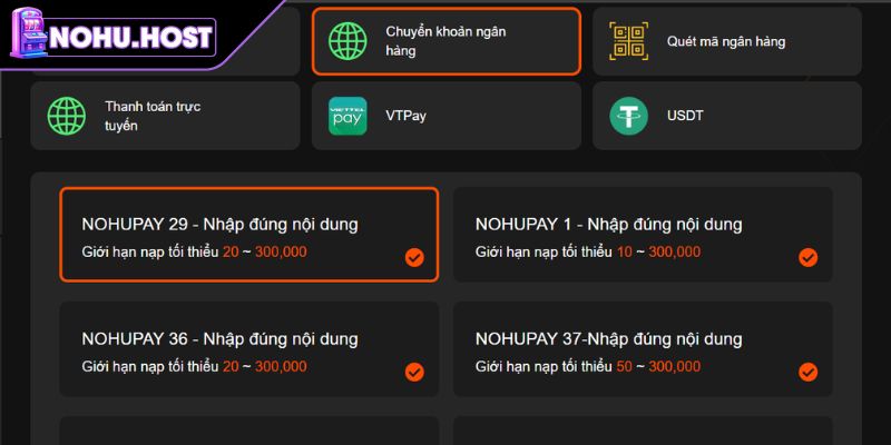 Nạp và rút tiền NOHU bằng chuyển khoản ngân hàng